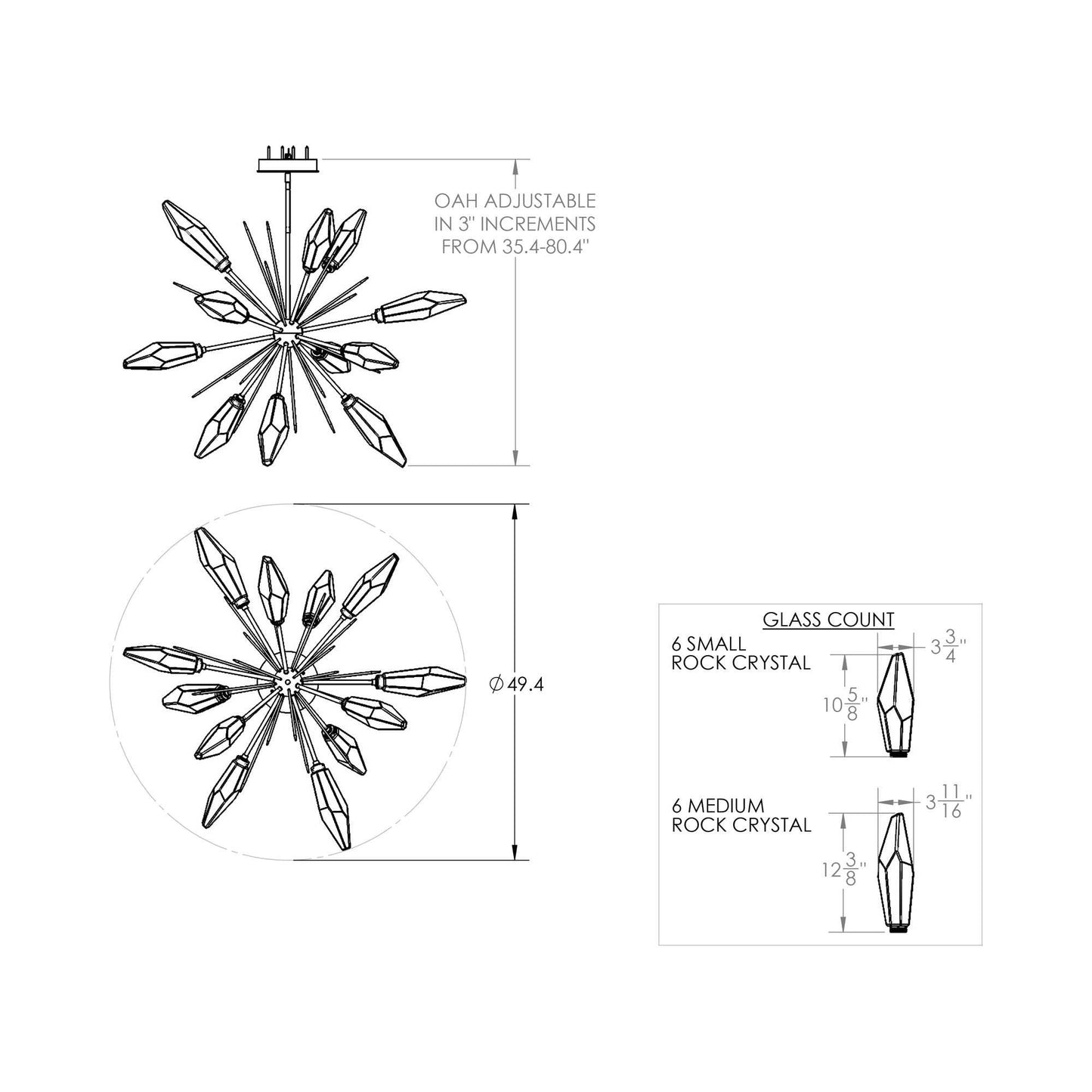 Rock Crystal Starburst LED Chandelier - line drawing.