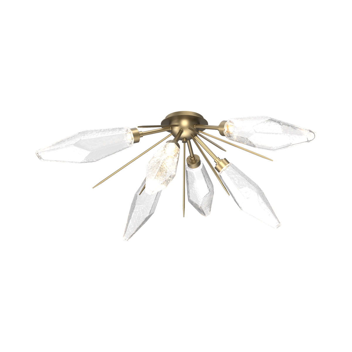 Rock Crystal Starburst LED Flush Mount Ceiling Light in Gilded Brass/Clear Blown Glass.