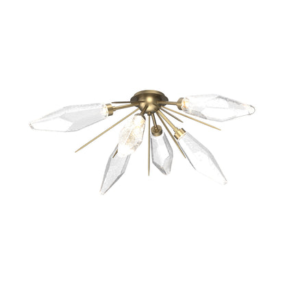 Rock Crystal Starburst LED Flush Mount Ceiling Light in Gilded Brass/Clear Blown Glass.