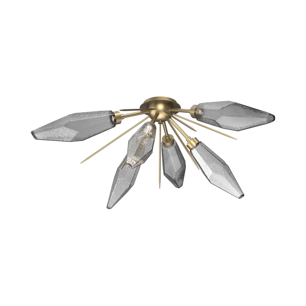 Rock Crystal Starburst LED Flush Mount Ceiling Light in Gilded Brass/Smoke Blown Glass.