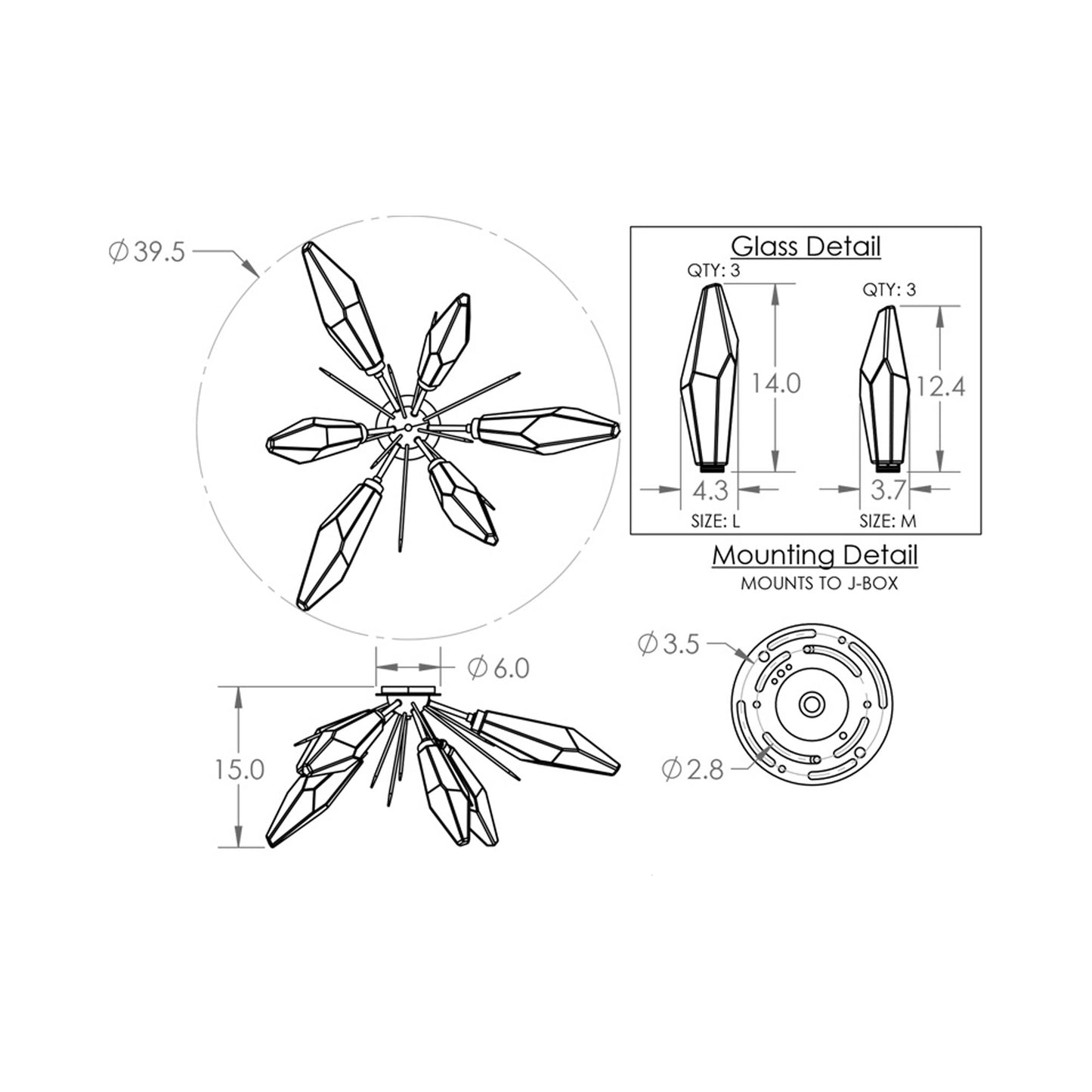 Rock Crystal Starburst LED Flush Mount Ceiling Light - line drawing.