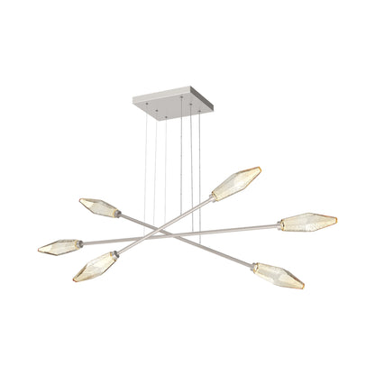 Rock Crystal Triple Moda Linear LED Chandelier in Beige Silver/Amber Blown Glass.