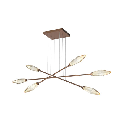 Rock Crystal Triple Moda Linear LED Chandelier in Burnished Bronze/Amber Blown Glass.