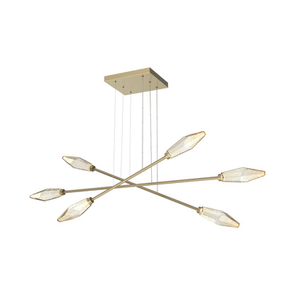 Rock Crystal Triple Moda Linear LED Chandelier in Gilded Brass/Amber Blown Glass.