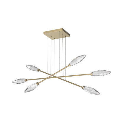 Rock Crystal Triple Moda Linear LED Chandelier in Gilded Brass/Clear Blown Glass.