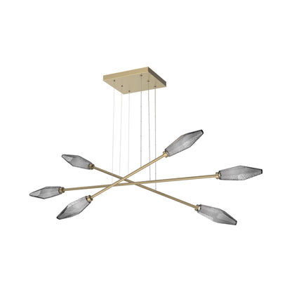 Rock Crystal Triple Moda Linear LED Chandelier in Gilded Brass/Smoke Blown Glass.