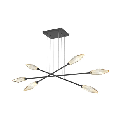 Rock Crystal Triple Moda Linear LED Chandelier in Matte Black/Amber Blown Glass.