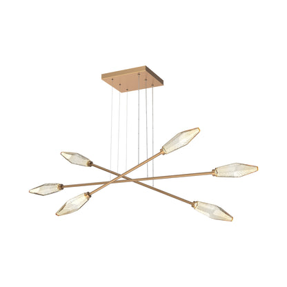 Rock Crystal Triple Moda Linear LED Chandelier in Novel Brass/Amber Blown Glass.