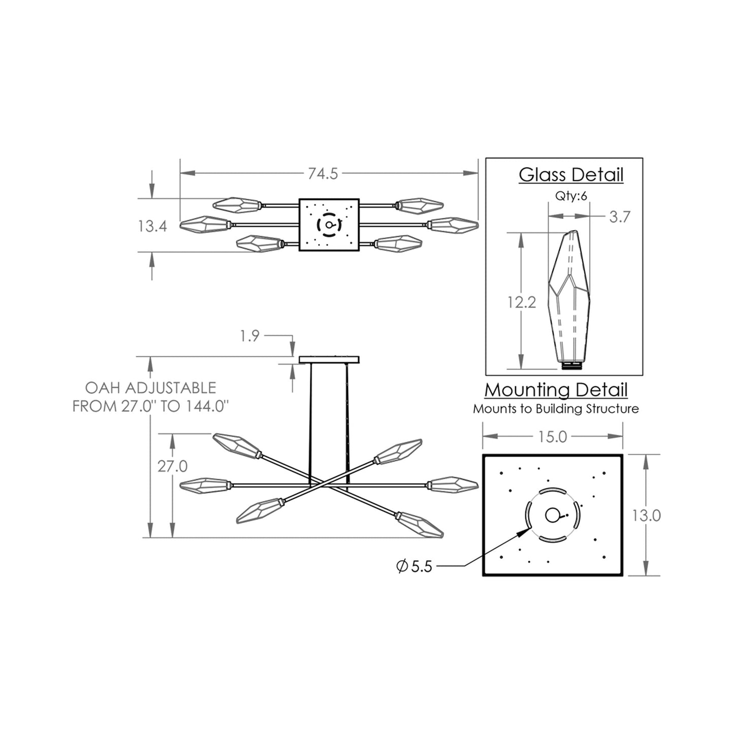 Rock Crystal Triple Moda Linear LED Chandelier - line drawing.