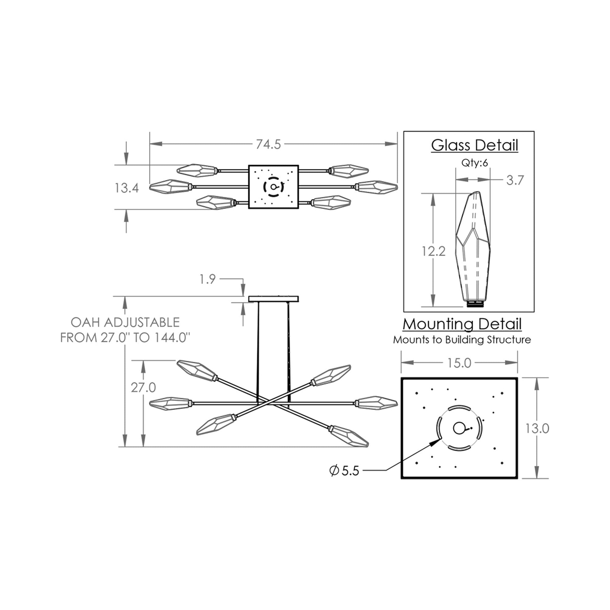 Rock Crystal Triple Moda Linear LED Chandelier - line drawing.