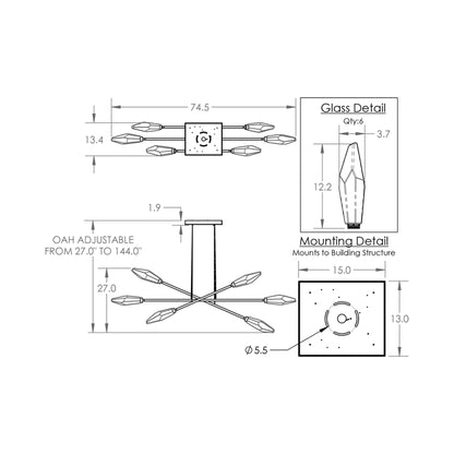 Rock Crystal Triple Moda Linear LED Chandelier - line drawing.