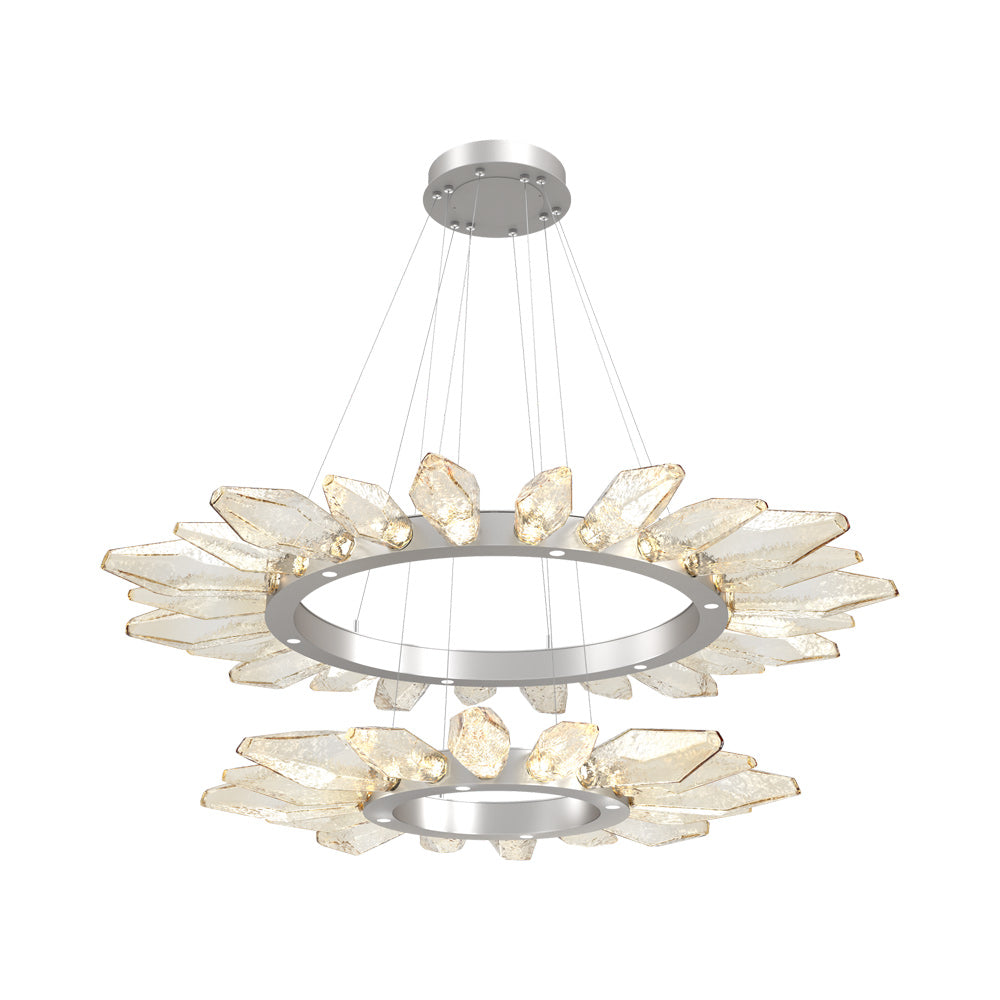 Rock Crystal Two-Tier Radial Ring LED Chandelier in Beige Silver/Amber Blown Glass.