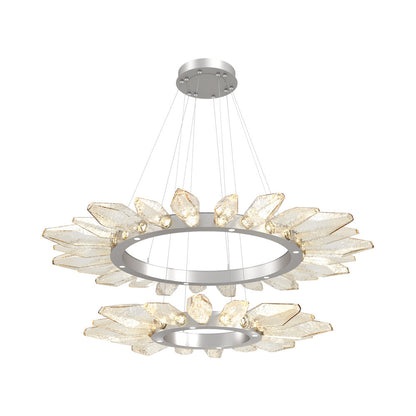 Rock Crystal Two-Tier Radial Ring LED Chandelier in Beige Silver/Amber Blown Glass.