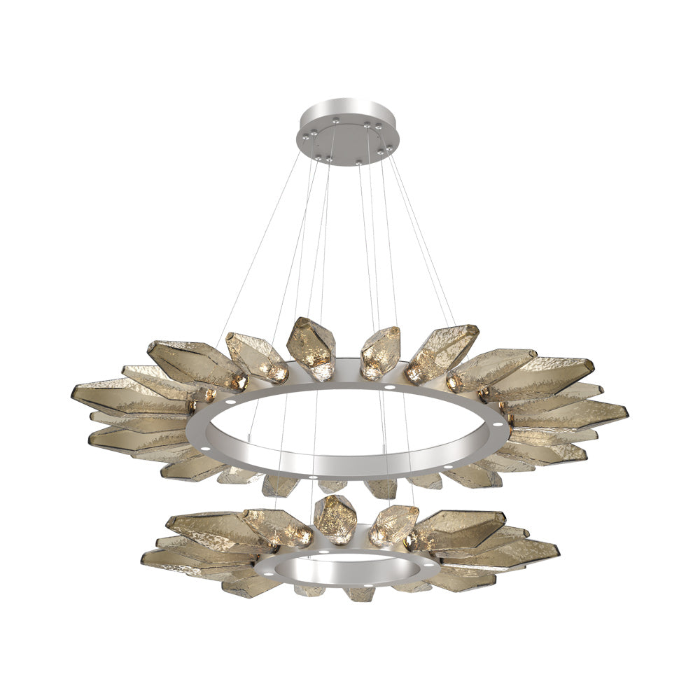Rock Crystal Two-Tier Radial Ring LED Chandelier in Beige Silver/Bronze Blown Glass.
