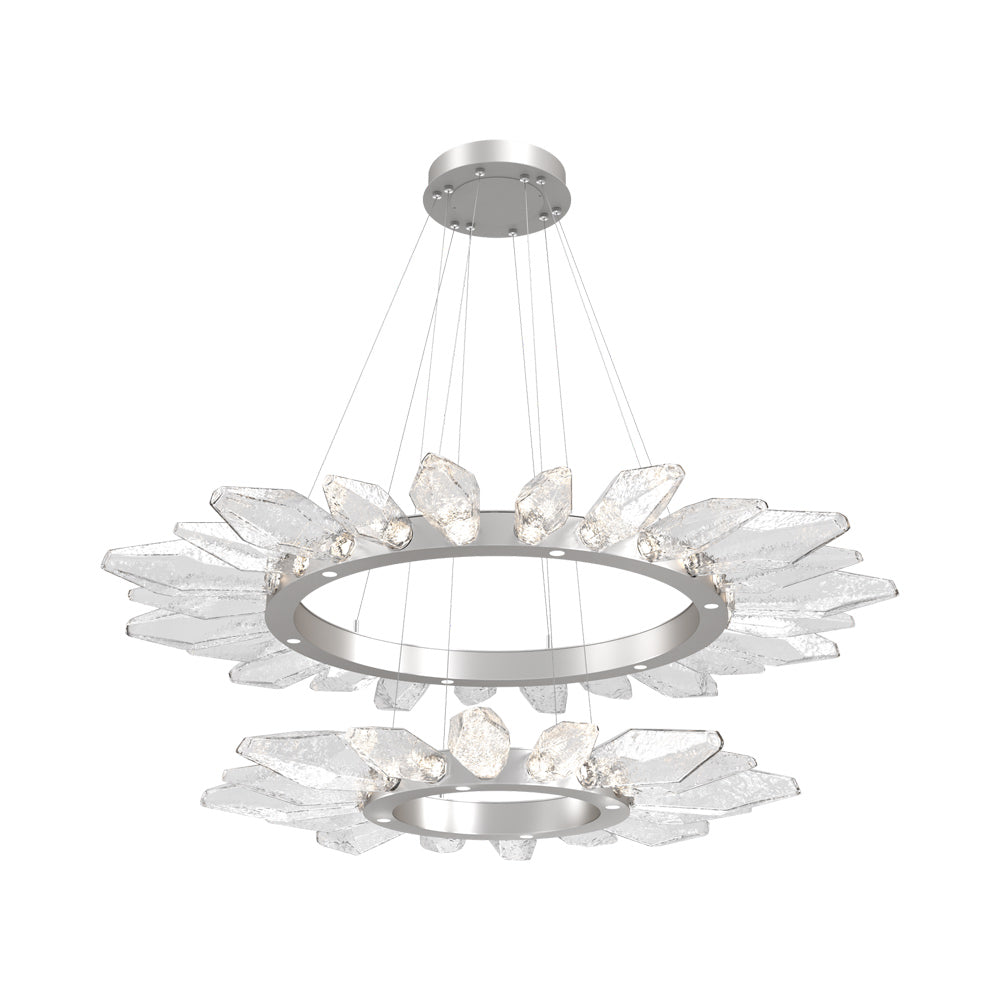 Rock Crystal Two-Tier Radial Ring LED Chandelier in Beige Silver/Clear Blown Glass.