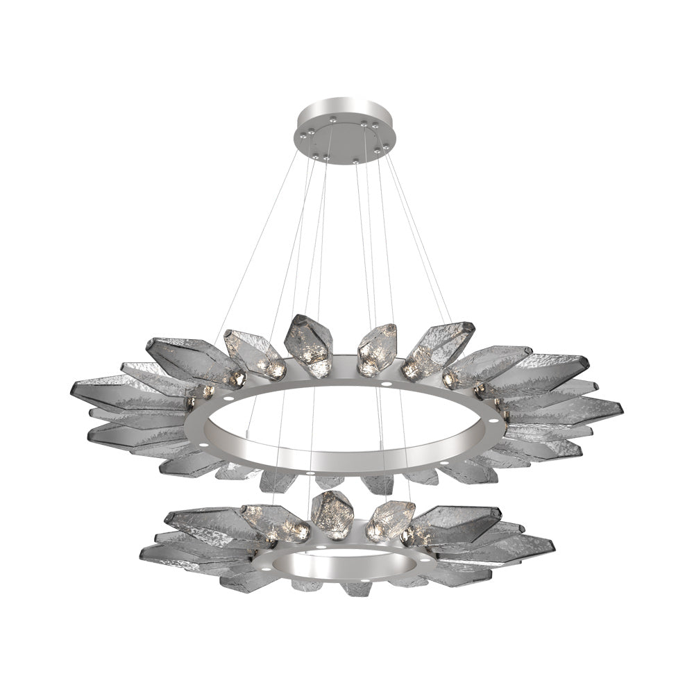 Rock Crystal Two-Tier Radial Ring LED Chandelier in Beige Silver/Smoke Blown Glass.