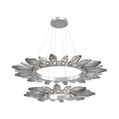 Rock Crystal Two-Tier Radial Ring LED Chandelier in Beige Silver/Smoke Blown Glass.