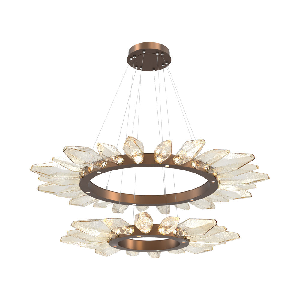 Rock Crystal Two-Tier Radial Ring LED Chandelier in Burnished Bronze/Amber Blown Glass.