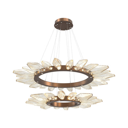Rock Crystal Two-Tier Radial Ring LED Chandelier in Burnished Bronze/Amber Blown Glass.