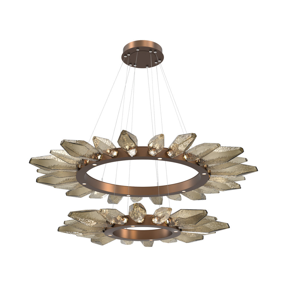 Rock Crystal Two-Tier Radial Ring LED Chandelier in Burnished Bronze/Bronze Blown Glass.
