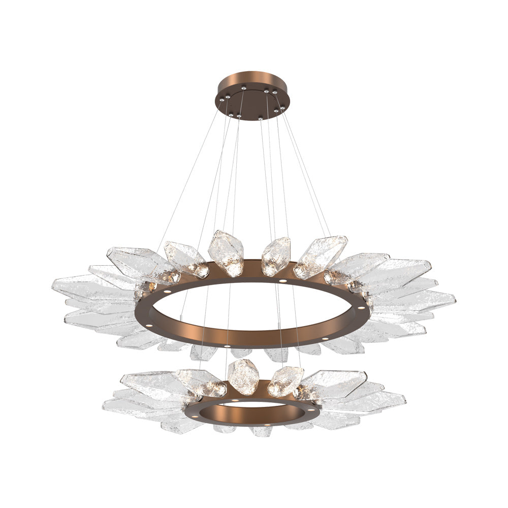 Rock Crystal Two-Tier Radial Ring LED Chandelier in Burnished Bronze/Clear Blown Glass.