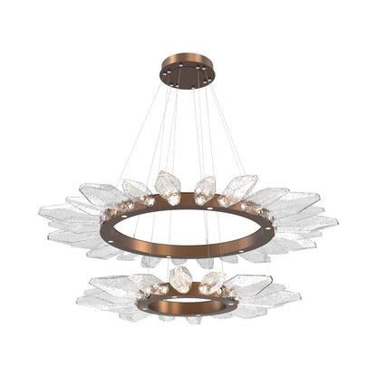 Rock Crystal Two-Tier Radial Ring LED Chandelier in Burnished Bronze/Clear Blown Glass.