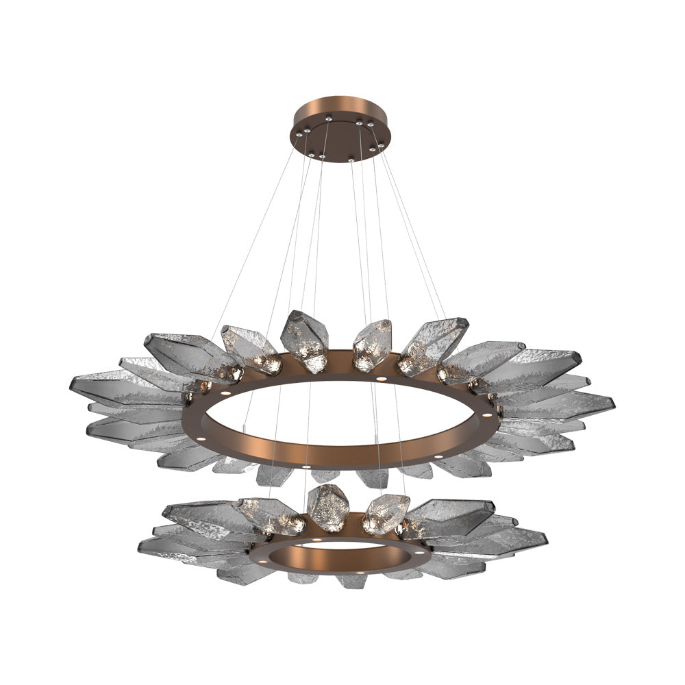 Rock Crystal Two-Tier Radial Ring LED Chandelier in Burnished Bronze/Smoke Blown Glass.
