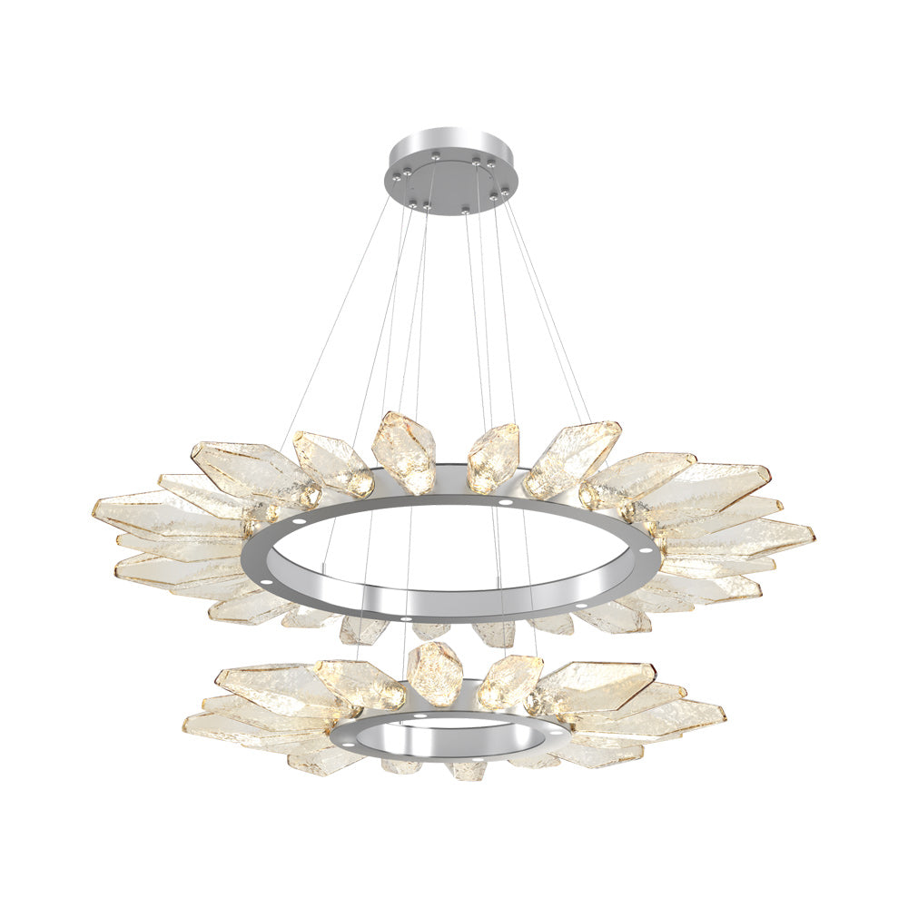 Rock Crystal Two-Tier Radial Ring LED Chandelier in Classic Silver/Amber Blown Glass.