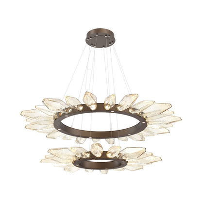 Rock Crystal Two-Tier Radial Ring LED Chandelier in Flat Bronze/Amber Blown Glass.