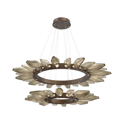 Rock Crystal Two-Tier Radial Ring LED Chandelier in Flat Bronze/Bronze Blown Glass.