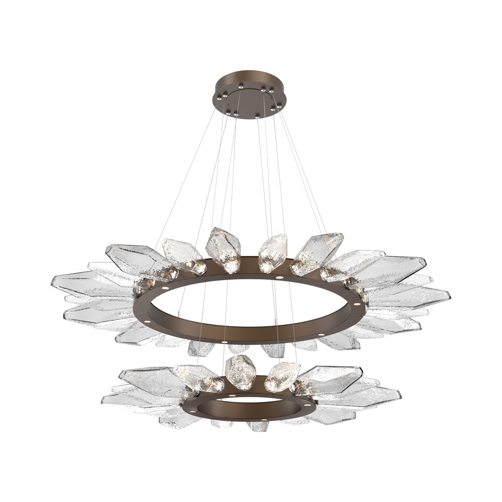 Rock Crystal Two-Tier Radial Ring LED Chandelier in Flat Bronze/Clear Blown Glass.