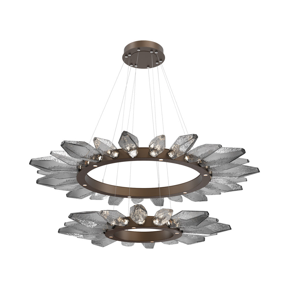 Rock Crystal Two-Tier Radial Ring LED Chandelier in Flat Bronze/Smoke Blown Glass.