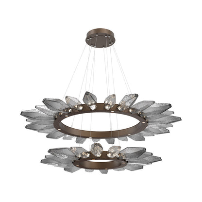 Rock Crystal Two-Tier Radial Ring LED Chandelier in Flat Bronze/Smoke Blown Glass.