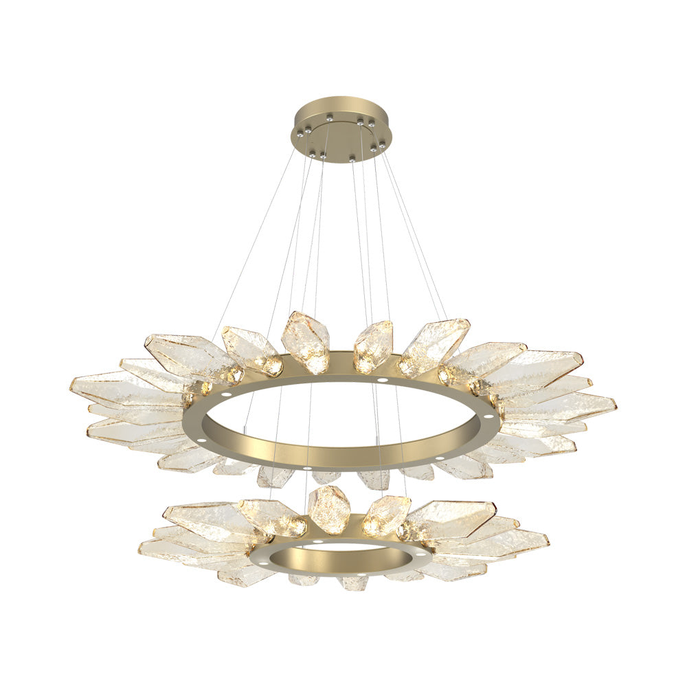 Rock Crystal Two-Tier Radial Ring LED Chandelier in Gilded Brass/Amber Blown Glass.