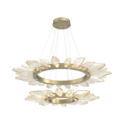 Rock Crystal Two-Tier Radial Ring LED Chandelier in Gilded Brass/Amber Blown Glass.