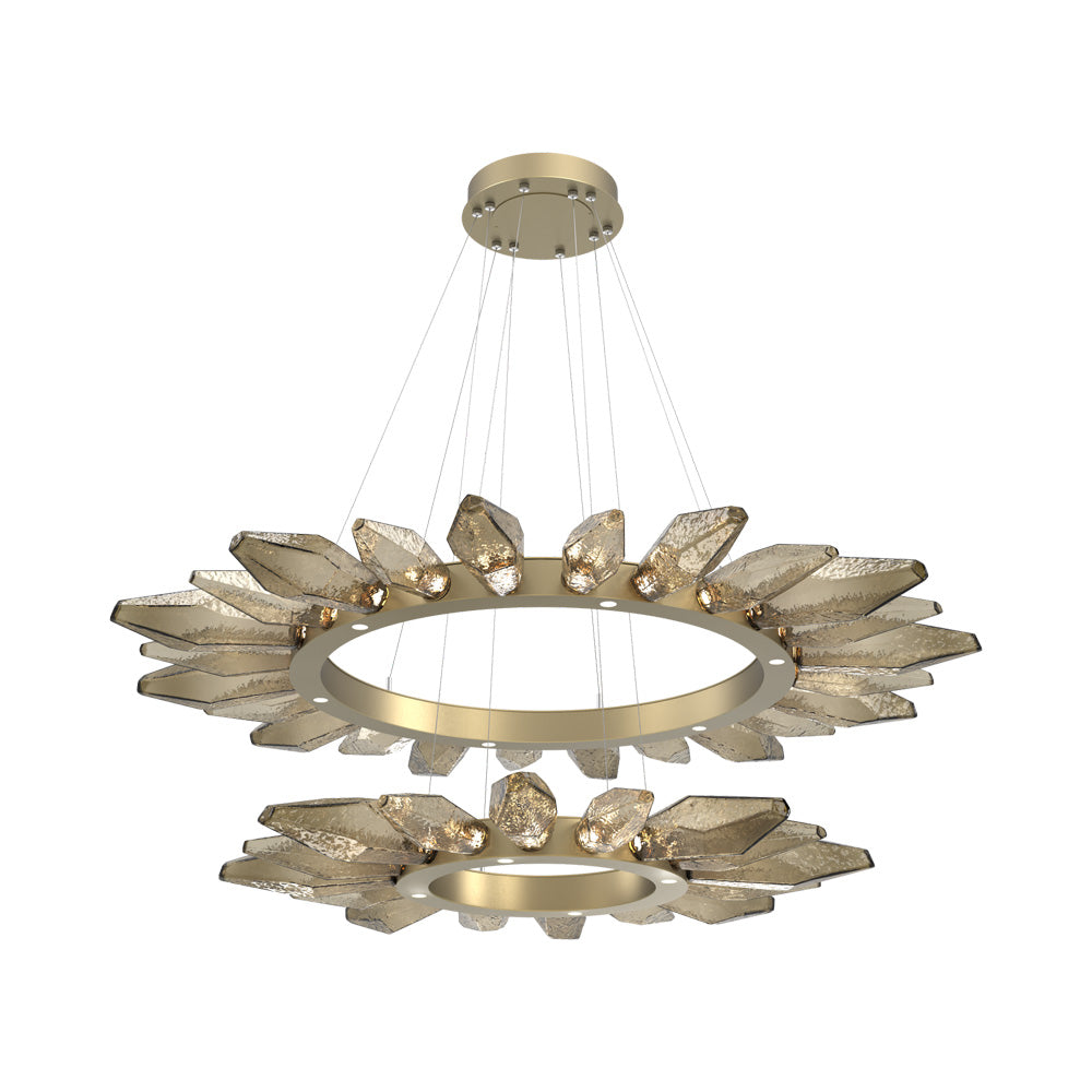 Rock Crystal Two-Tier Radial Ring LED Chandelier in Gilded Brass/Bronze Blown Glass.