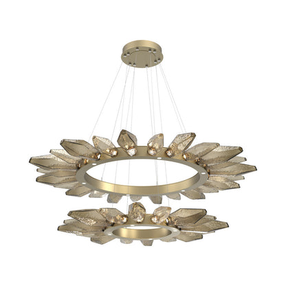 Rock Crystal Two-Tier Radial Ring LED Chandelier in Gilded Brass/Bronze Blown Glass.
