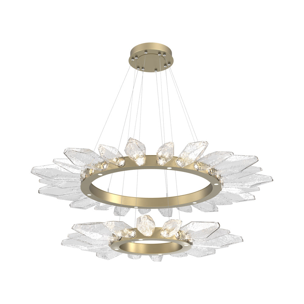 Rock Crystal Two-Tier Radial Ring LED Chandelier in Gilded Brass/Clear Blown Glass.