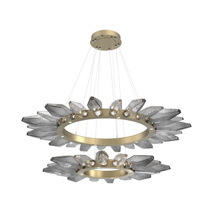 Rock Crystal Two-Tier Radial Ring LED Chandelier in Gilded Brass/Smoke Blown Glass.
