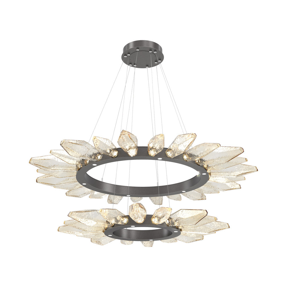 Rock Crystal Two-Tier Radial Ring LED Chandelier in Graphite/Amber Blown Glass.