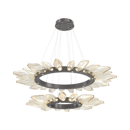 Rock Crystal Two-Tier Radial Ring LED Chandelier in Graphite/Amber Blown Glass.