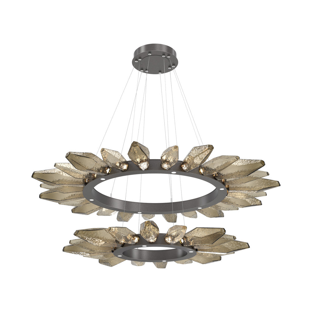 Rock Crystal Two-Tier Radial Ring LED Chandelier in Graphite/Bronze Blown Glass.