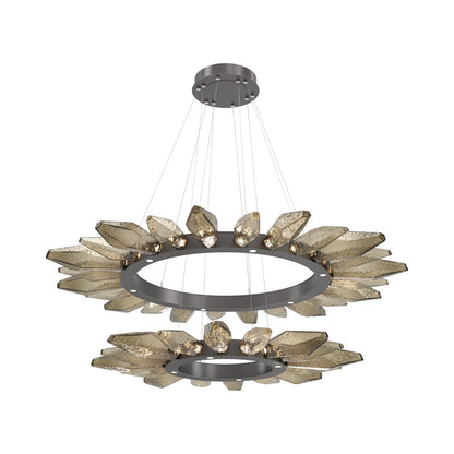 Rock Crystal Two-Tier Radial Ring LED Chandelier in Graphite/Bronze Blown Glass.