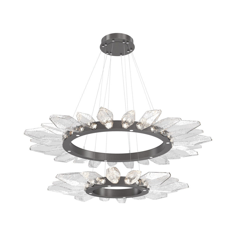 Rock Crystal Two-Tier Radial Ring LED Chandelier in Graphite/Clear Blown Glass.