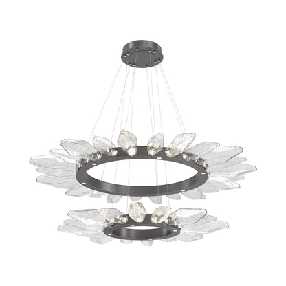 Rock Crystal Two-Tier Radial Ring LED Chandelier in Graphite/Clear Blown Glass.