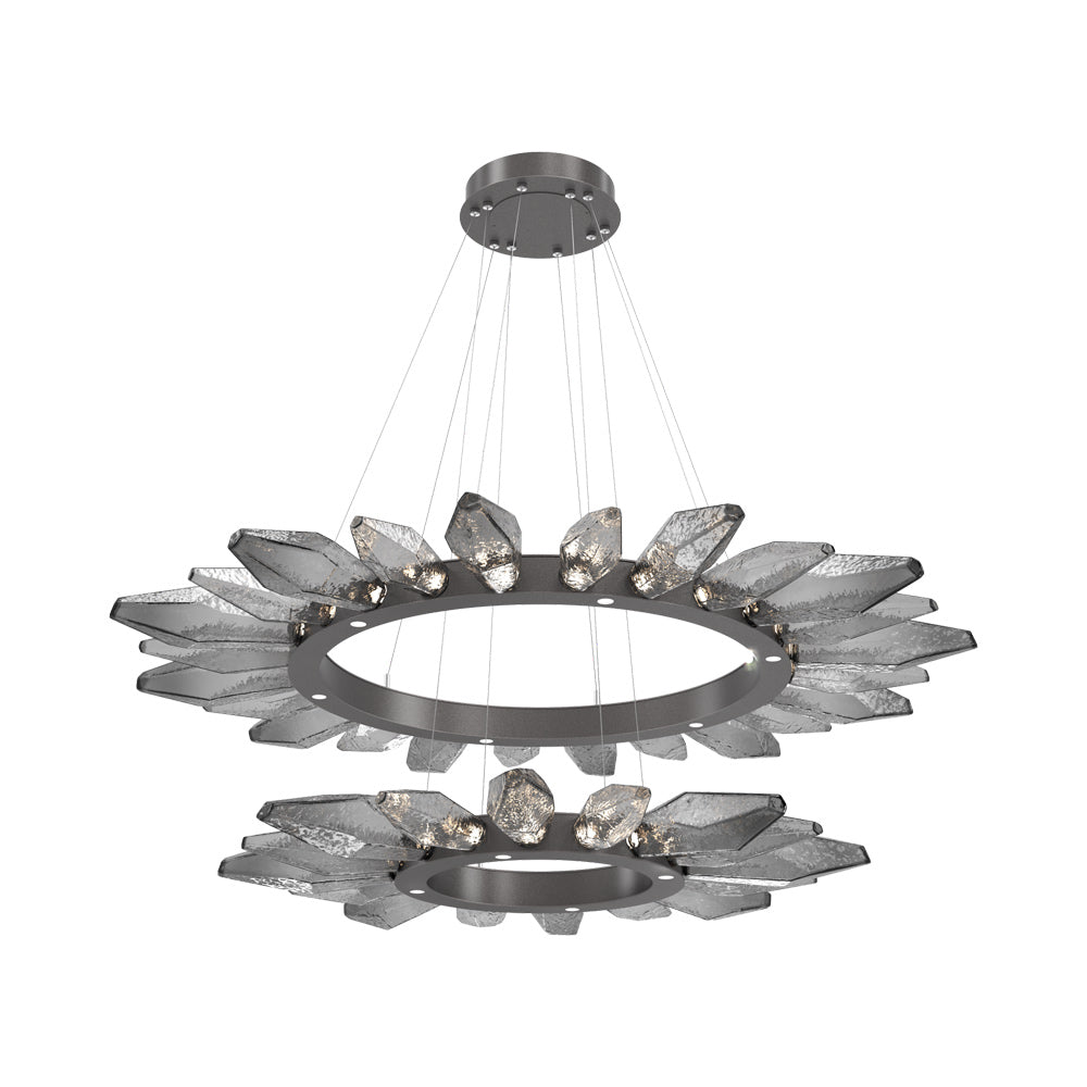 Rock Crystal Two-Tier Radial Ring LED Chandelier in Graphite/Smoke Blown Glass.