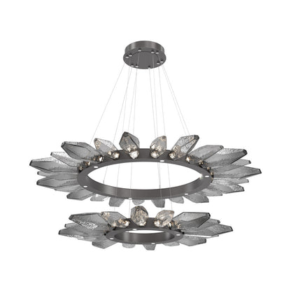 Rock Crystal Two-Tier Radial Ring LED Chandelier in Graphite/Smoke Blown Glass.