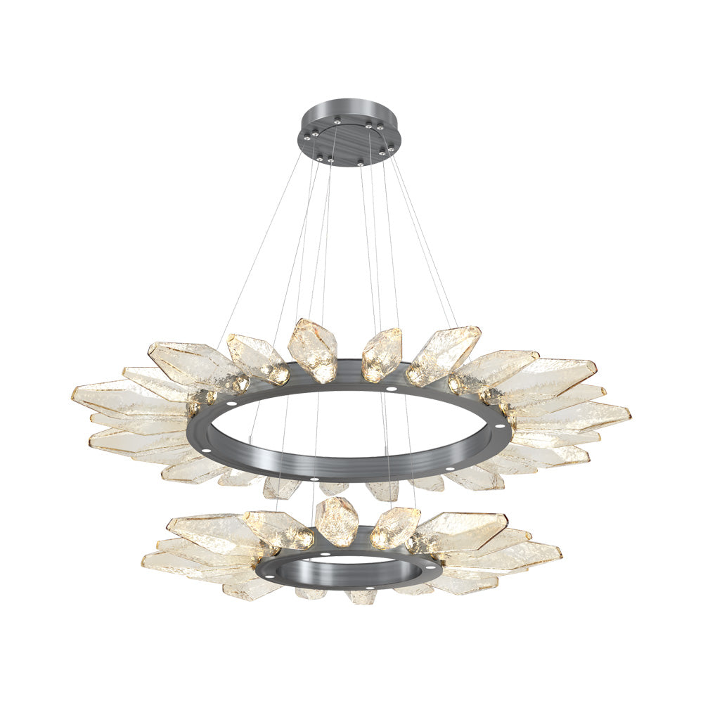 Rock Crystal Two-Tier Radial Ring LED Chandelier in Gunmetal/Amber Blown Glass.