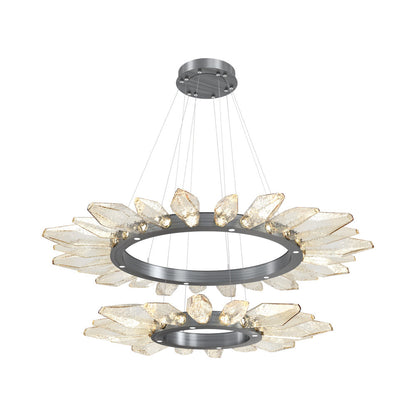 Rock Crystal Two-Tier Radial Ring LED Chandelier in Gunmetal/Amber Blown Glass.