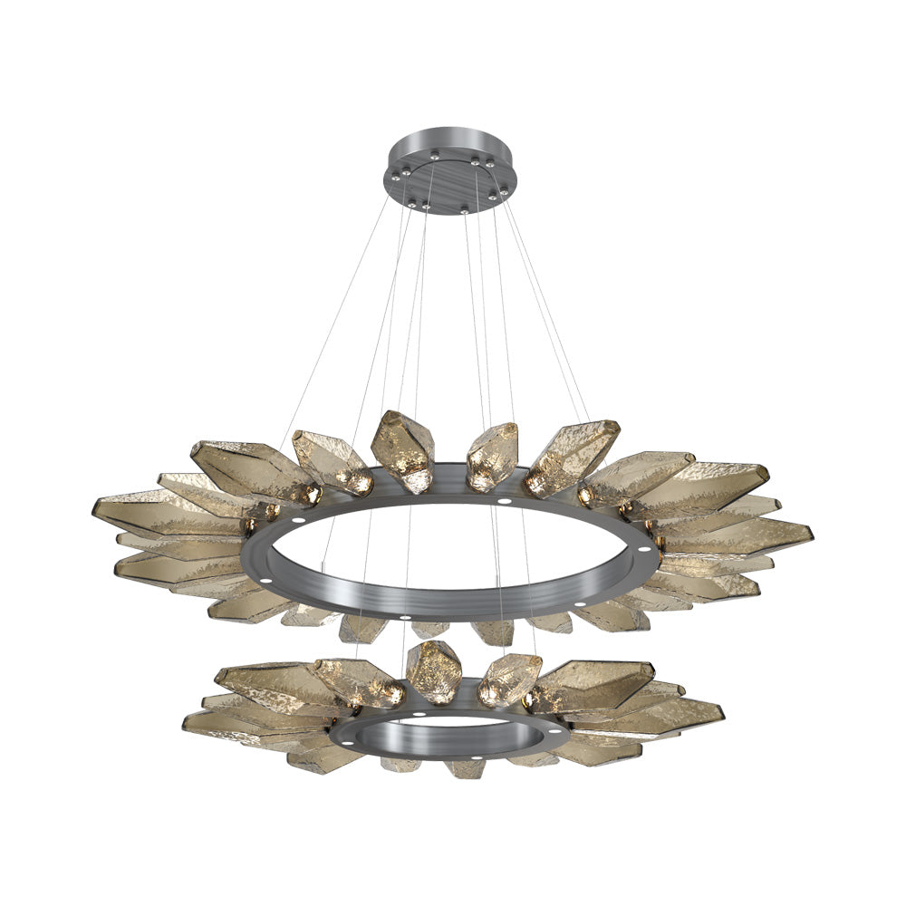 Rock Crystal Two-Tier Radial Ring LED Chandelier in Gunmetal/Bronze Blown Glass.